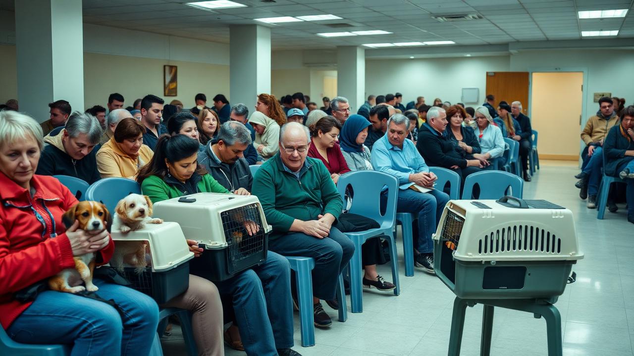 Sala de espera de hospital veterinário público, com tutores aguardando atendimento ao lado dos seus pets