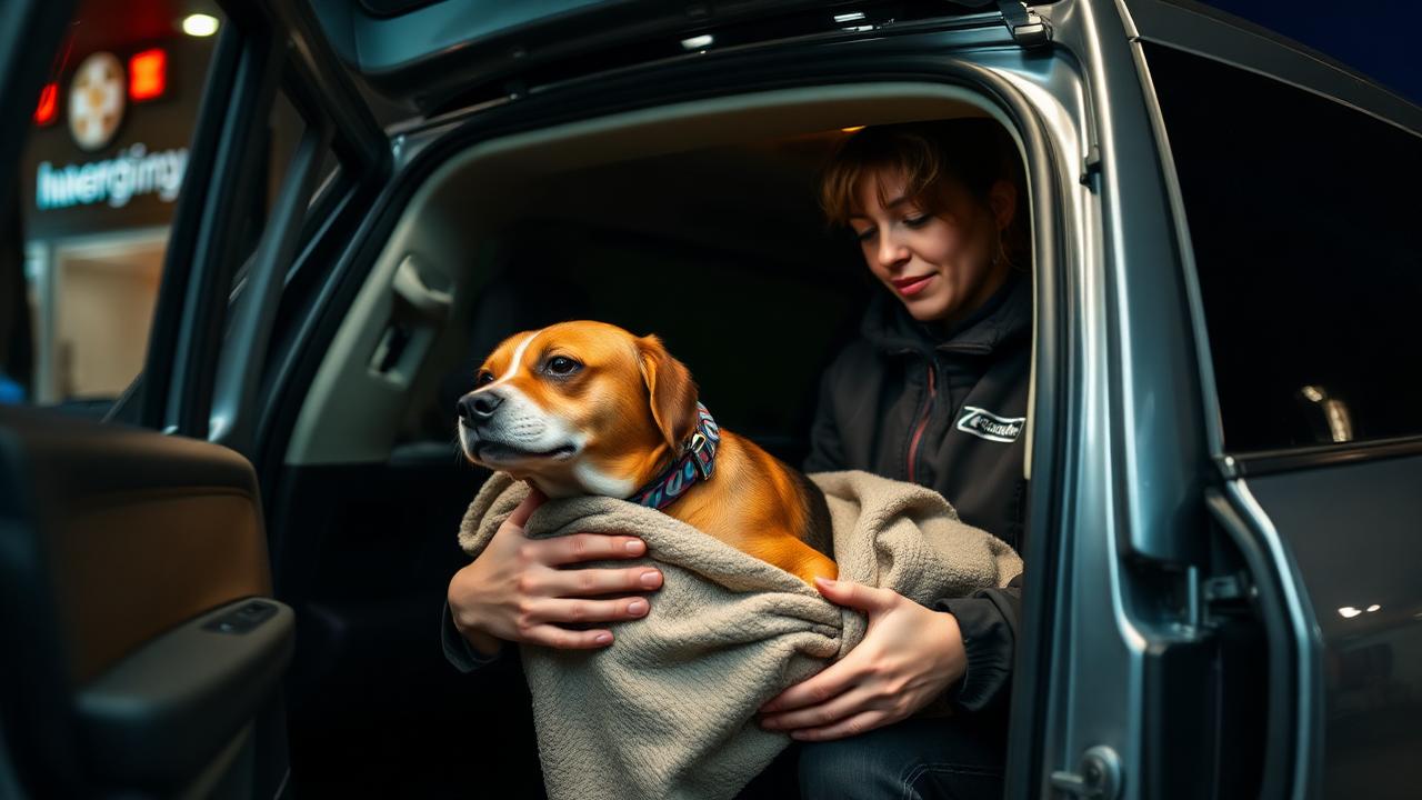 Tutor chegando ao hospital veterinário com o pet transportado em veículo especializado de táxi dog