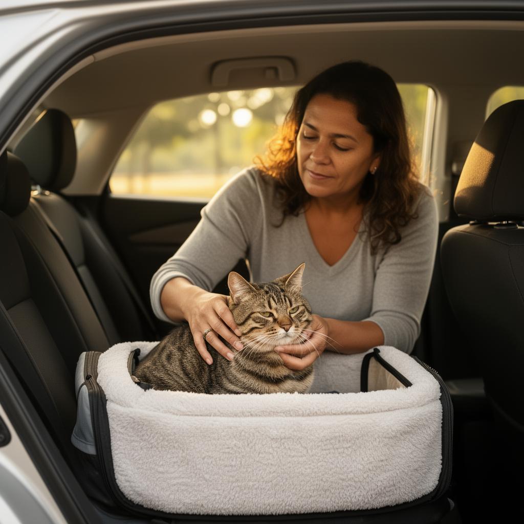Tutora acomodando um gato calmo em caixa de transporte dentro do carro
