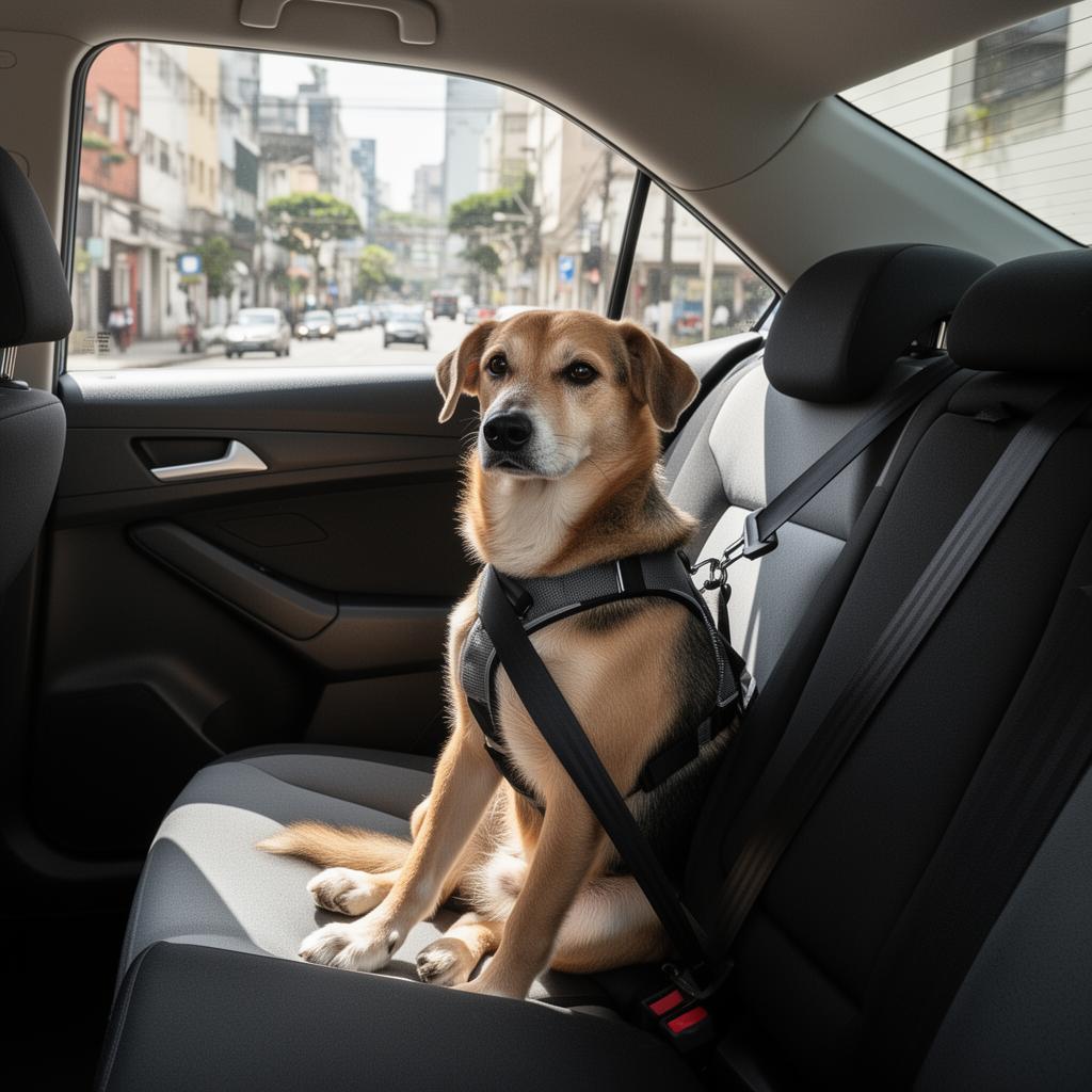 Cachorro de porte médio preso com cinto de segurança no banco traseiro durante táxi dog