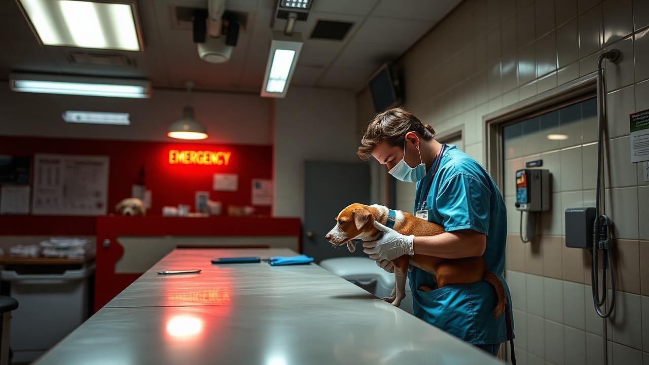 Recepção de emergência de hospital veterinário público em atendimento noturno 24 horas, com veterinária examinando um cão