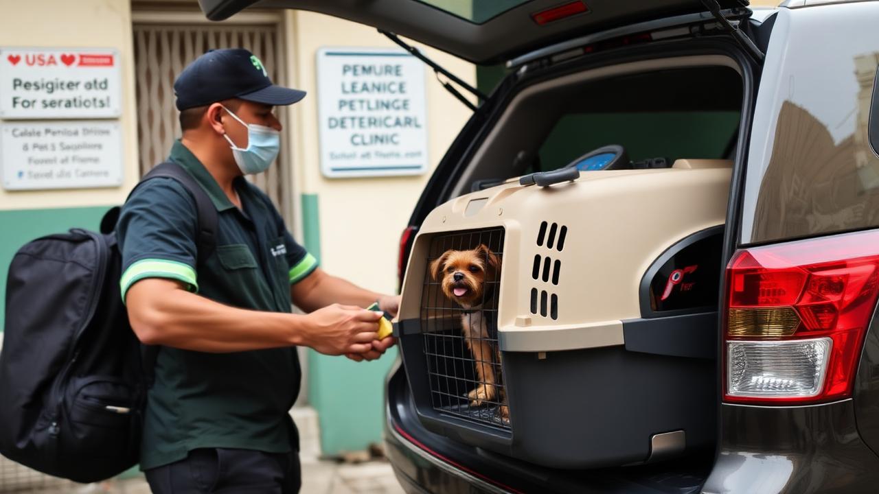 Pet sendo levado em caixa de transporte do carro do táxi dog até a entrada do hospital veterinário em São Paulo