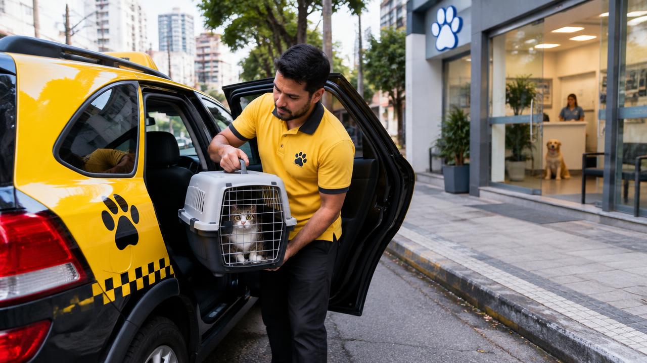 Motorista de táxi dog tirando caixa de transporte com gato do carro em frente a hospital veterinário