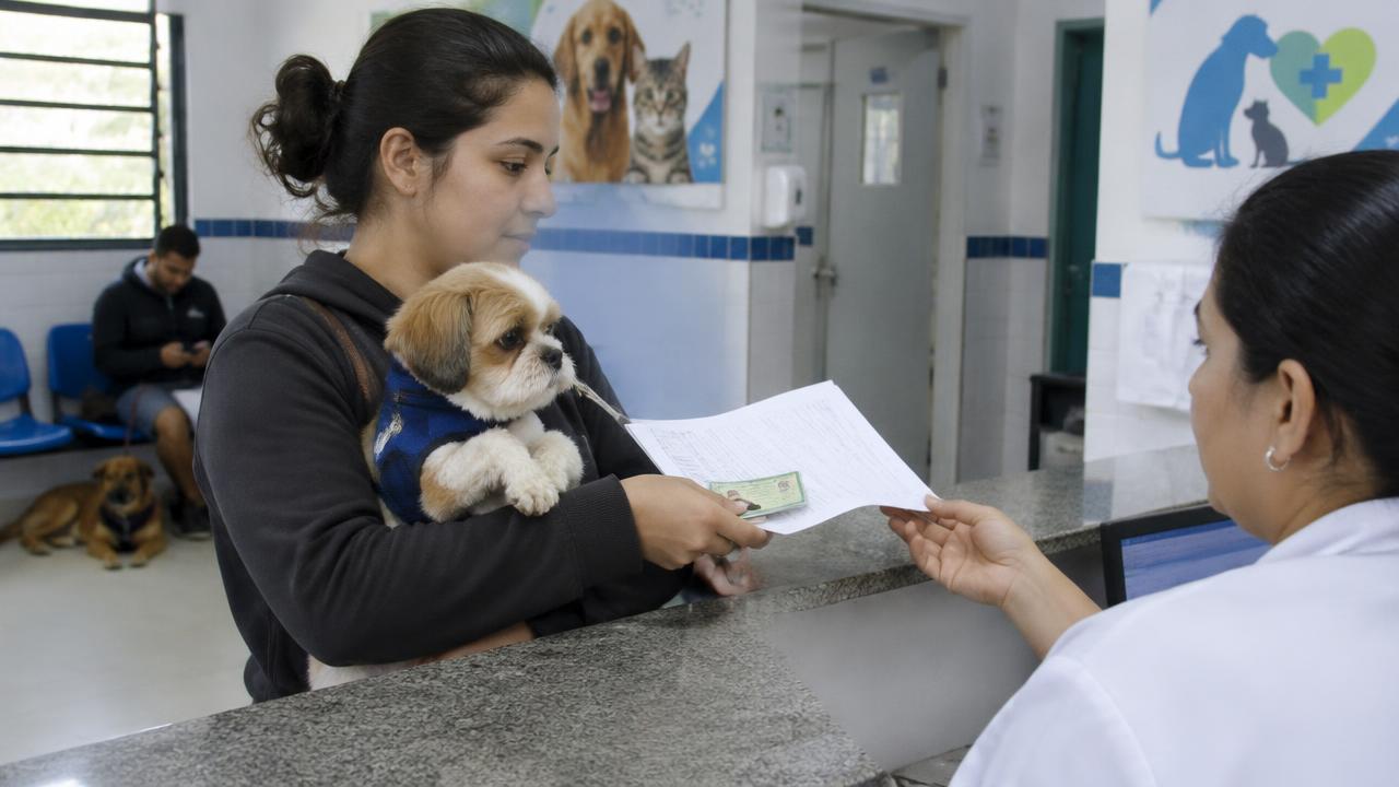 Tutora com cachorro no colo entregando documentos na recepção de hospital veterinário público